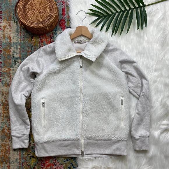 Athleta Jackets & Blazers - Athleta Neutral White Gray Zip Front Sherpa Fleece Teddy Jacket Sweatshirt XXS